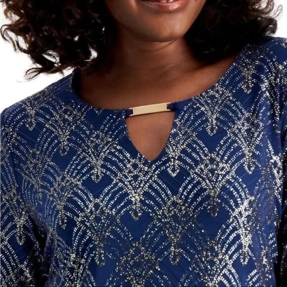 JM Collection Ladies' Intrepid Blue Jacquard Keyhole Sz S NWT🏷 gold accents - Picture 1 of 15